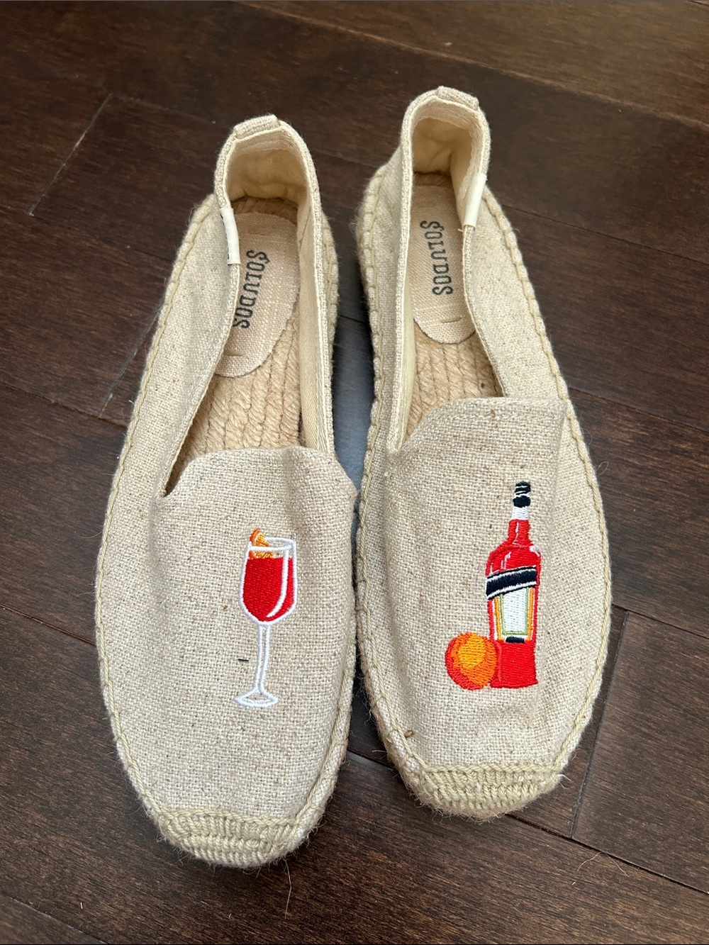 Soludos Natural Canvas Espadrilles with Red Bottle & Glass Motif